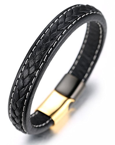 Halukakah ''SOLO'' Men's Genuine Leather Bracelet ,Handmade White Cotton Thread,Titanium Magnetic Clasp Black Contrasting Golden 8.46''(21.5cm) with FREE Giftbox