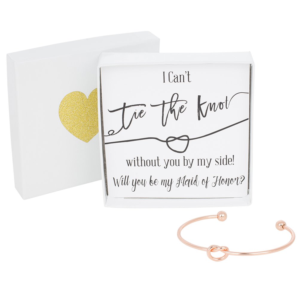 Bridesmaid Gifts - Tie The Knot Maid of Honor Bracelet w/Gift Box, Maid of Honor Gift Love Knot Bracelet, Bridal Party Jewelry (Gold, Rose Gold, Silver) (Black Note_Rose Gold Bracelet)