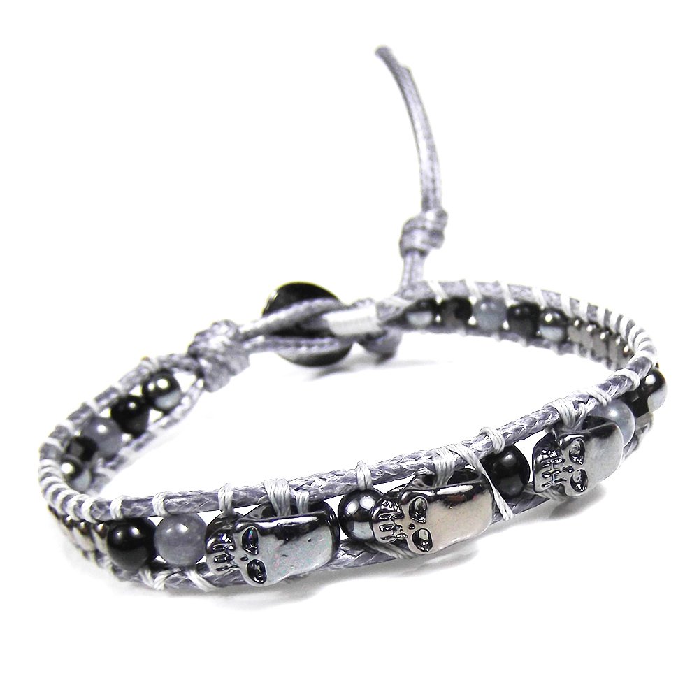 Three Menacing Skulls Black Stones Single Strand Bracelet