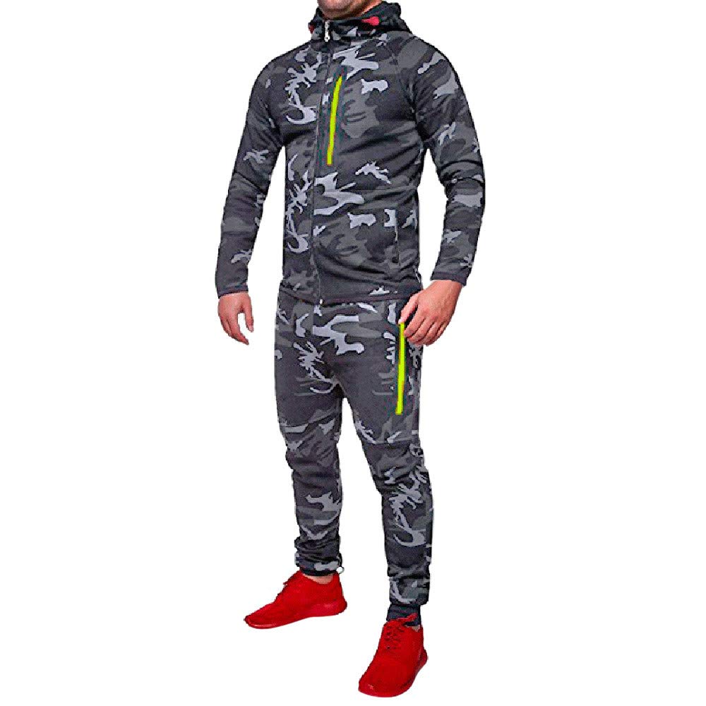 Farjing Clearance Sale Men's Autumn Winter Camouflage Sweatshirt Top Pants Sets Sports Suit Tracksuit（2XL,Dark Gray