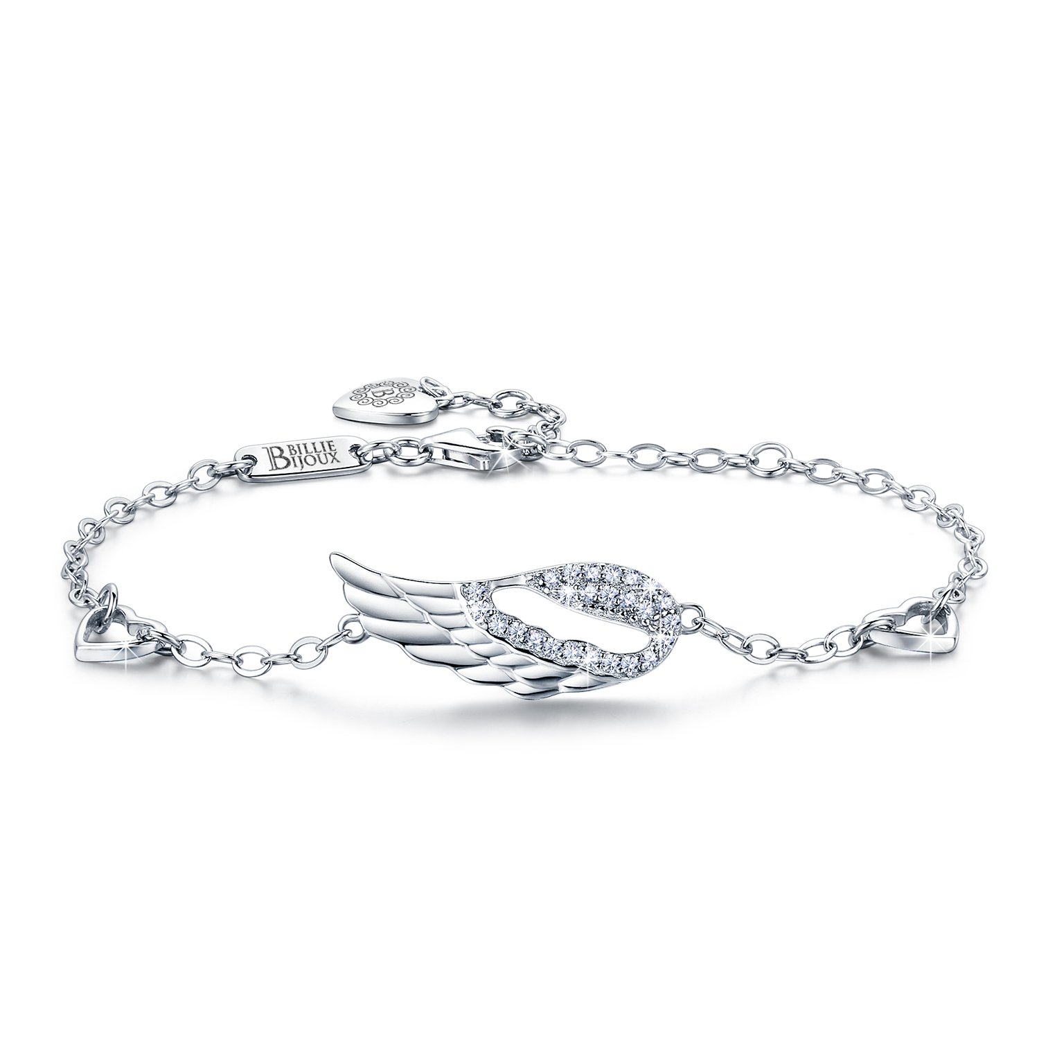 Billie Bijoux 925 Sterling Silver Women Angel Wing Adjustable Chain Bracelet Diamond White Gold Plated Bracelet Women Gift for Women, Girls, Mom