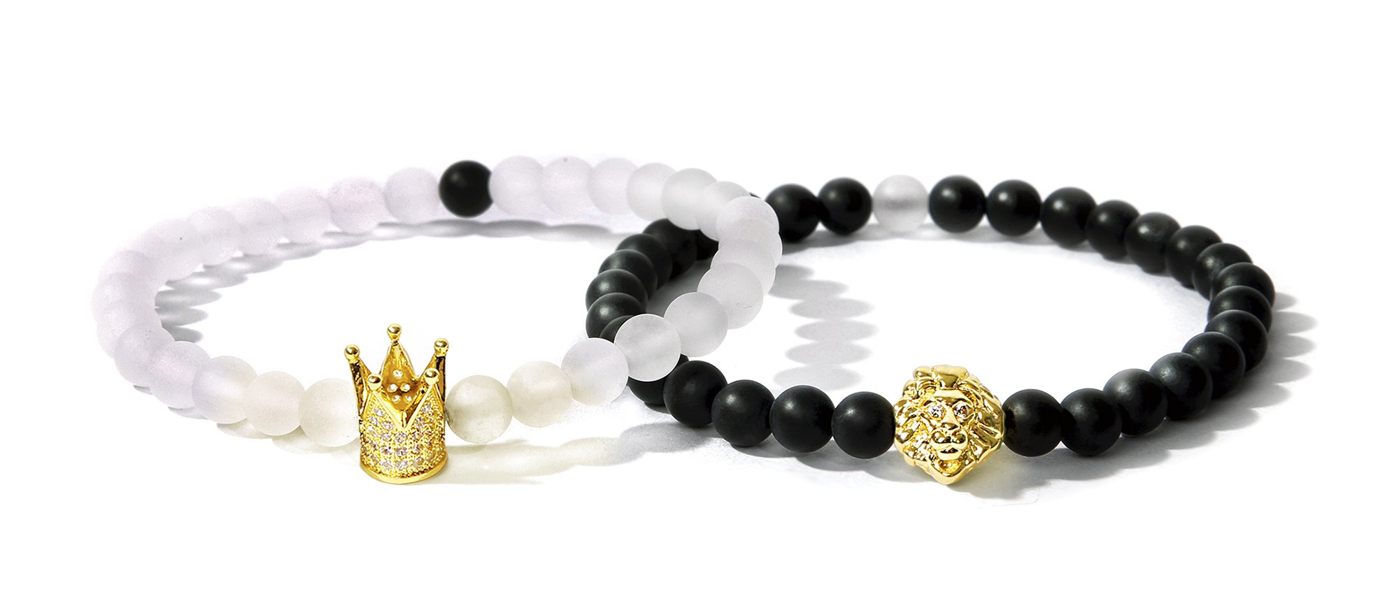 Bella.Vida Women Mens Bracelet 6mm Natural Healing Matte White Crystal and Black Onyx Bead Elastic Double Bracelet With Crown and Lion(Avatar of King)
