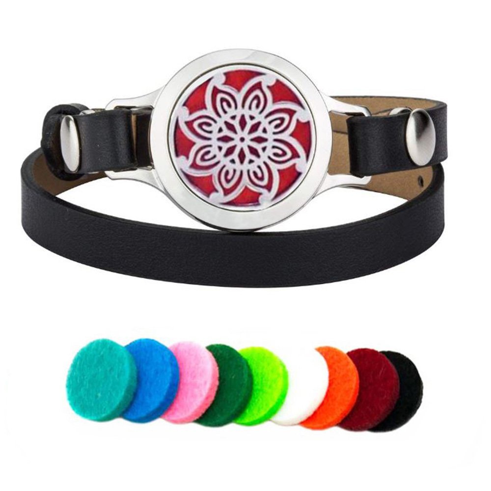 Efantina Aromatherapy Essential Oils Diffuser Bracelet Leather Band, 25mm 316L Stainless Steel Perfume Locket Jewelry with 9 Color Refill Cotton Pads and Gift Box