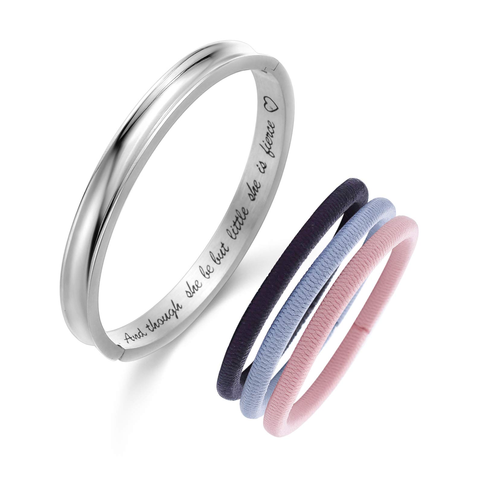 Fullrainbow Silver Though she be but Little, she is Fierce Hair Tie Bracelet Engraved Bangle Love Heart Bracelets Women Girls