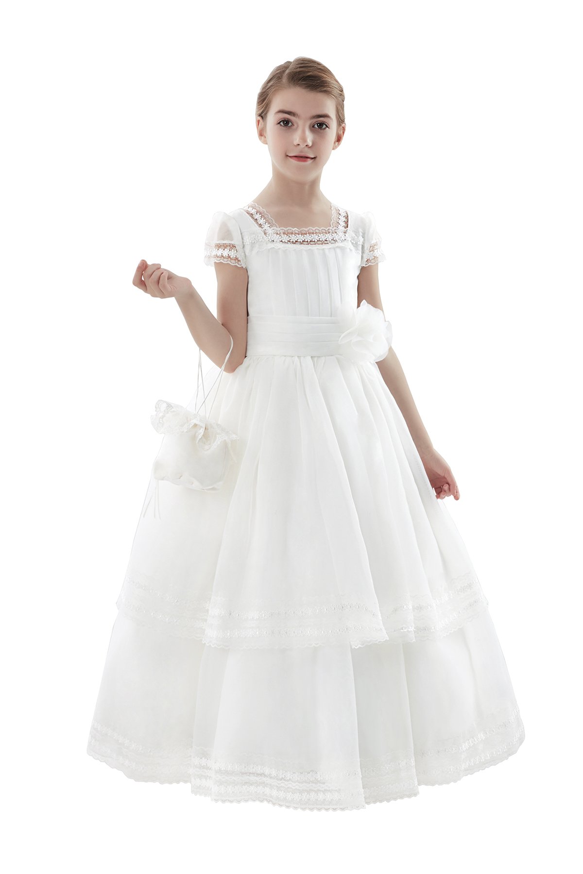 AISLE STYLE First Holy Communion Dresses Flower Girl Soft Lace Ball Gown with U-neck Lace Daisies Multilayer Organza White8