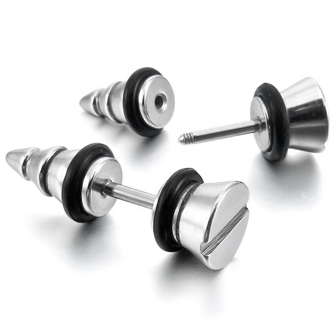 INBLUE Men's Stainless Steel Stud Earrings Rubber Silver Tone Black Screw Spike Plug Tapers