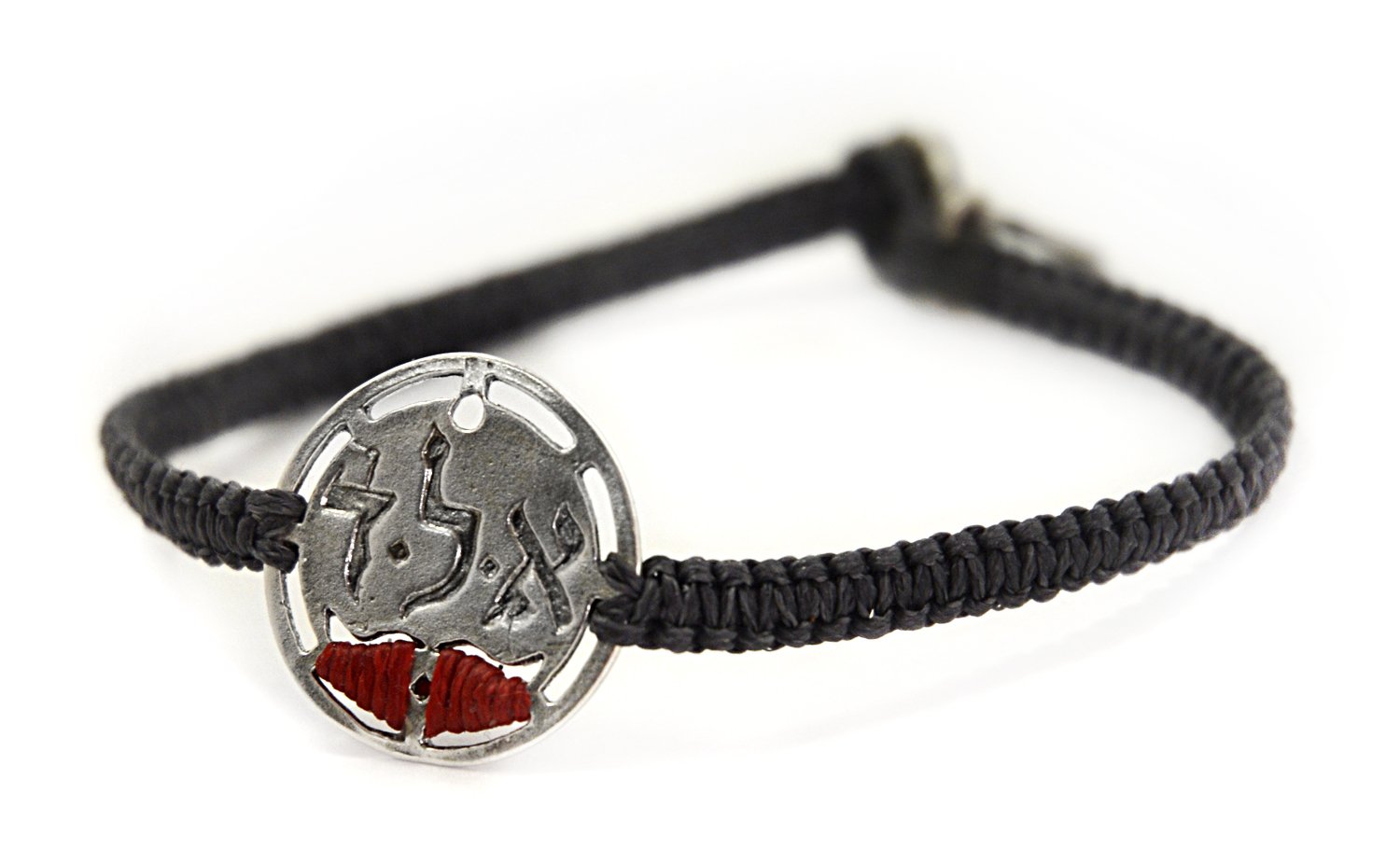 MIZZE Made for Luck 7'' Women's Waterproof Gray & Red Cotton Cord Bracelet with Protection Charm in Silver