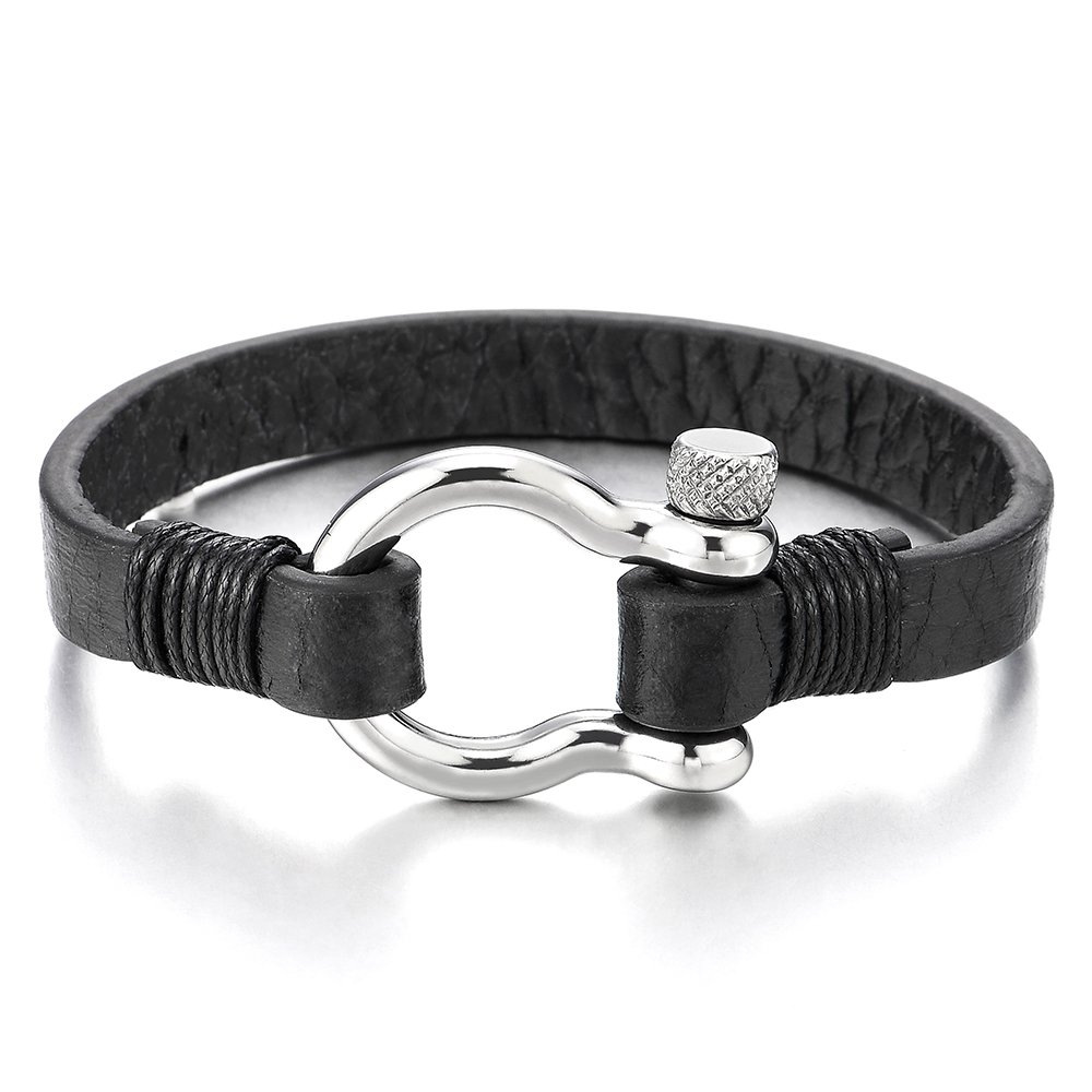 Mens Womens Steel Screw Anchor Shackles Wrap Bracelet with Black Leather, Nautical Sailor Wristband