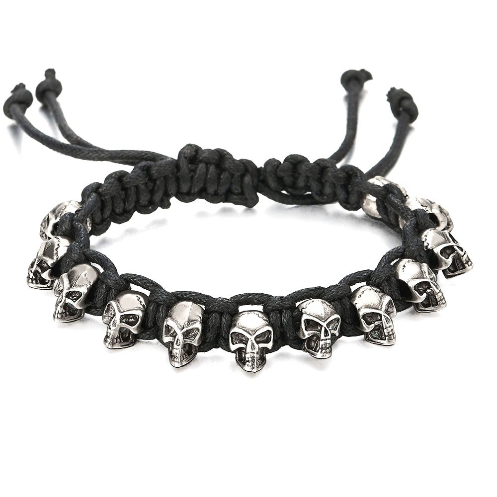 COOLSTEELANDBEYOND Mens Women Skulls Rope Cotton Braided Bracelet, Black Wristband Wrap Bracelet, Adjustable