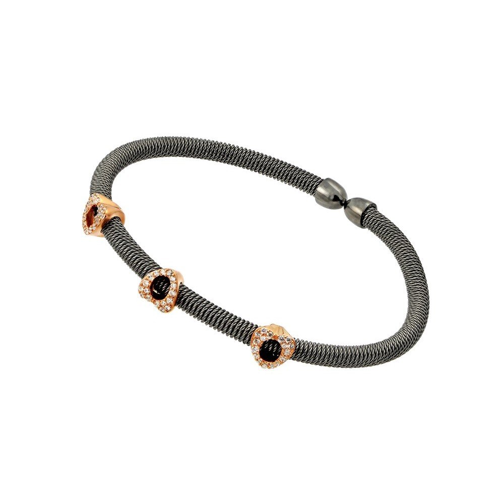 CloseoutWarehouse Clear Cubic Zirconia Three Rose Gold-Tone Hearts Designer Bracelet Black Rhodium Plated Sterling Silver