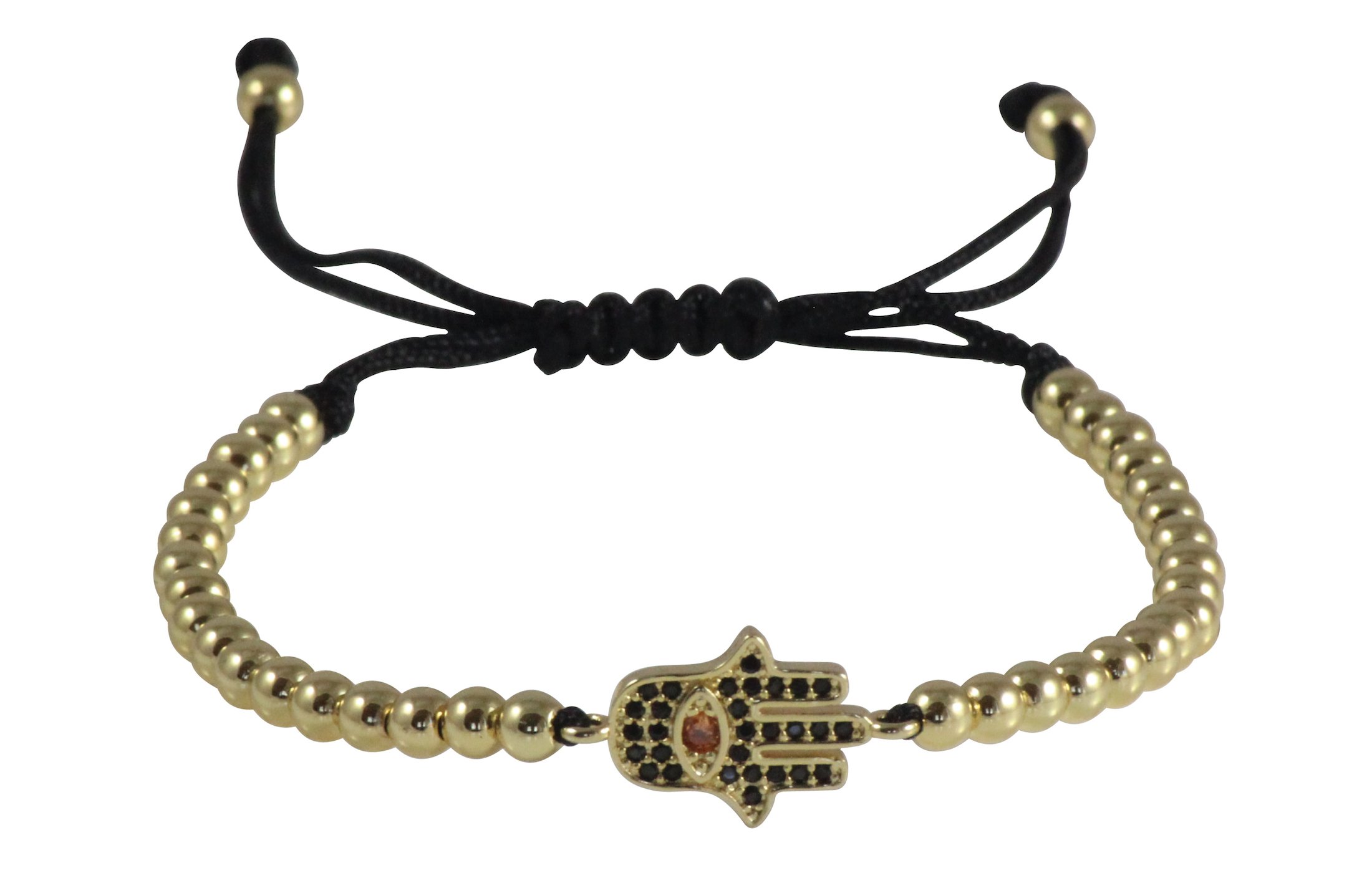 Hand of Hamsa Micro Pave CZ Macrame Braided Bracelet with 4mm Round Copper Beads by MayaBracelets (Gold)