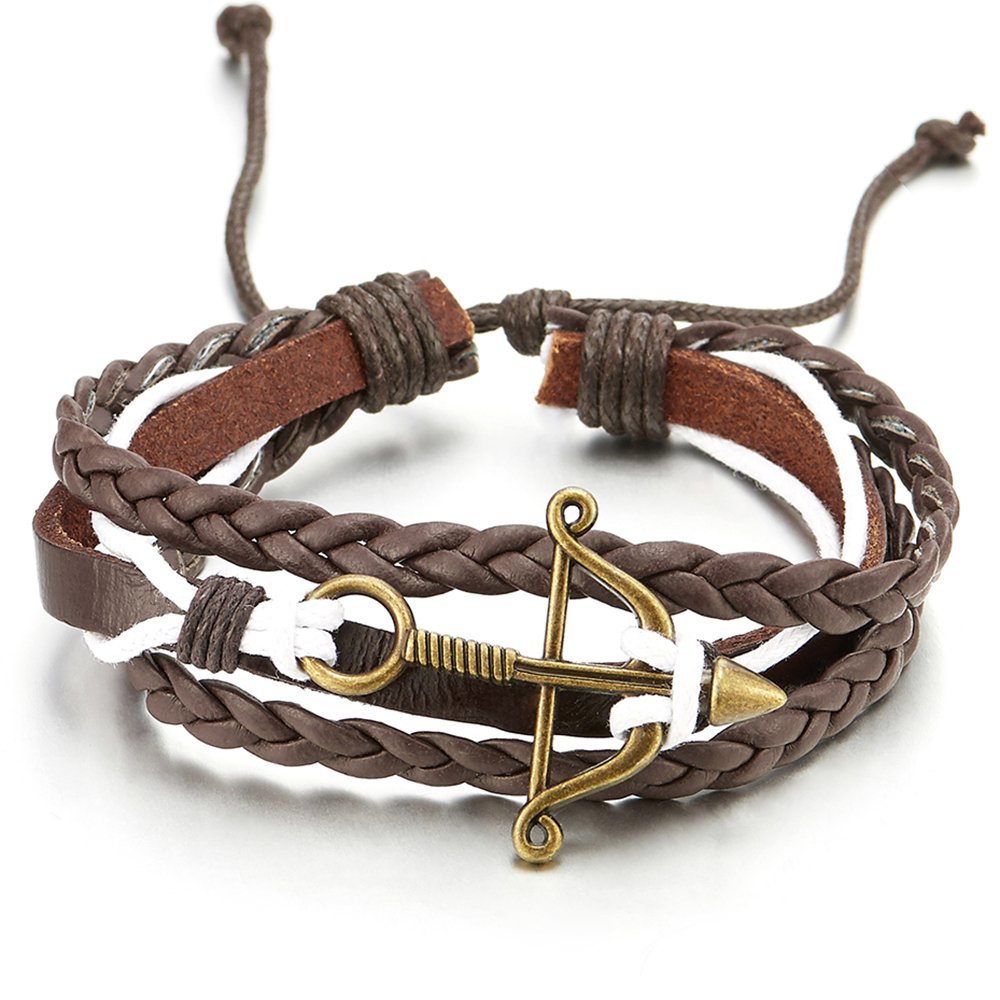 COOLSTEELANDBEYOND Mens Women Bow and Arrow Brown Braided Leather White Cotton Multi-Strand Wrap Bracelet Wristband