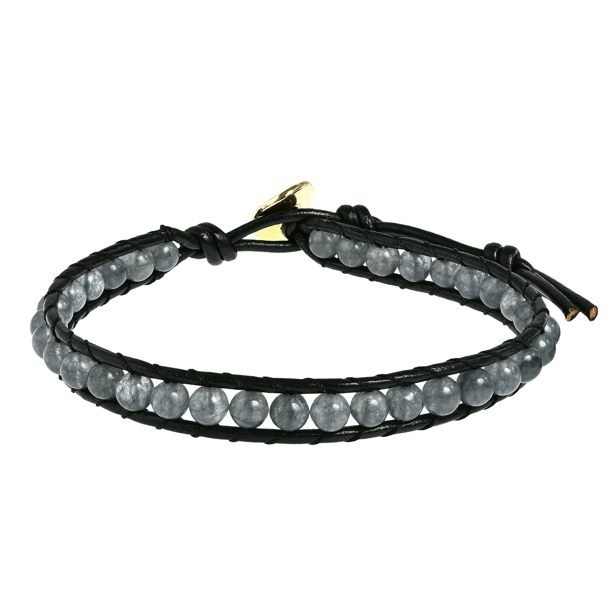 AeraVida Simulated Smokey Quartz Round Charm Single Strand Leather Bracelet