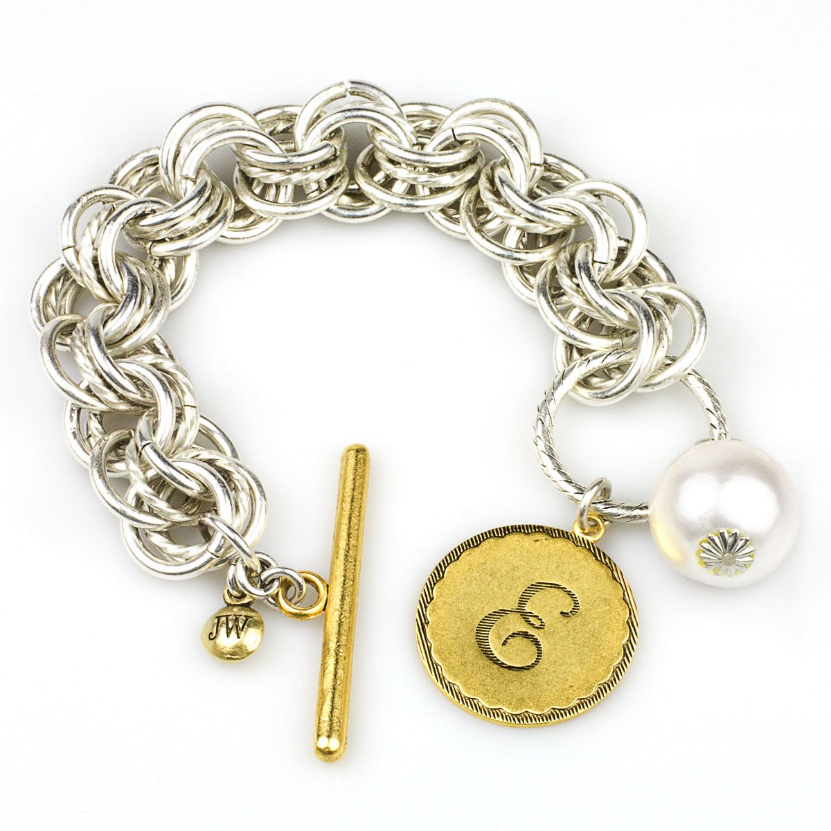 Collector's Sorority Gal Initial E Bracelet in Two-Tone with Pearl, 8-8.5''