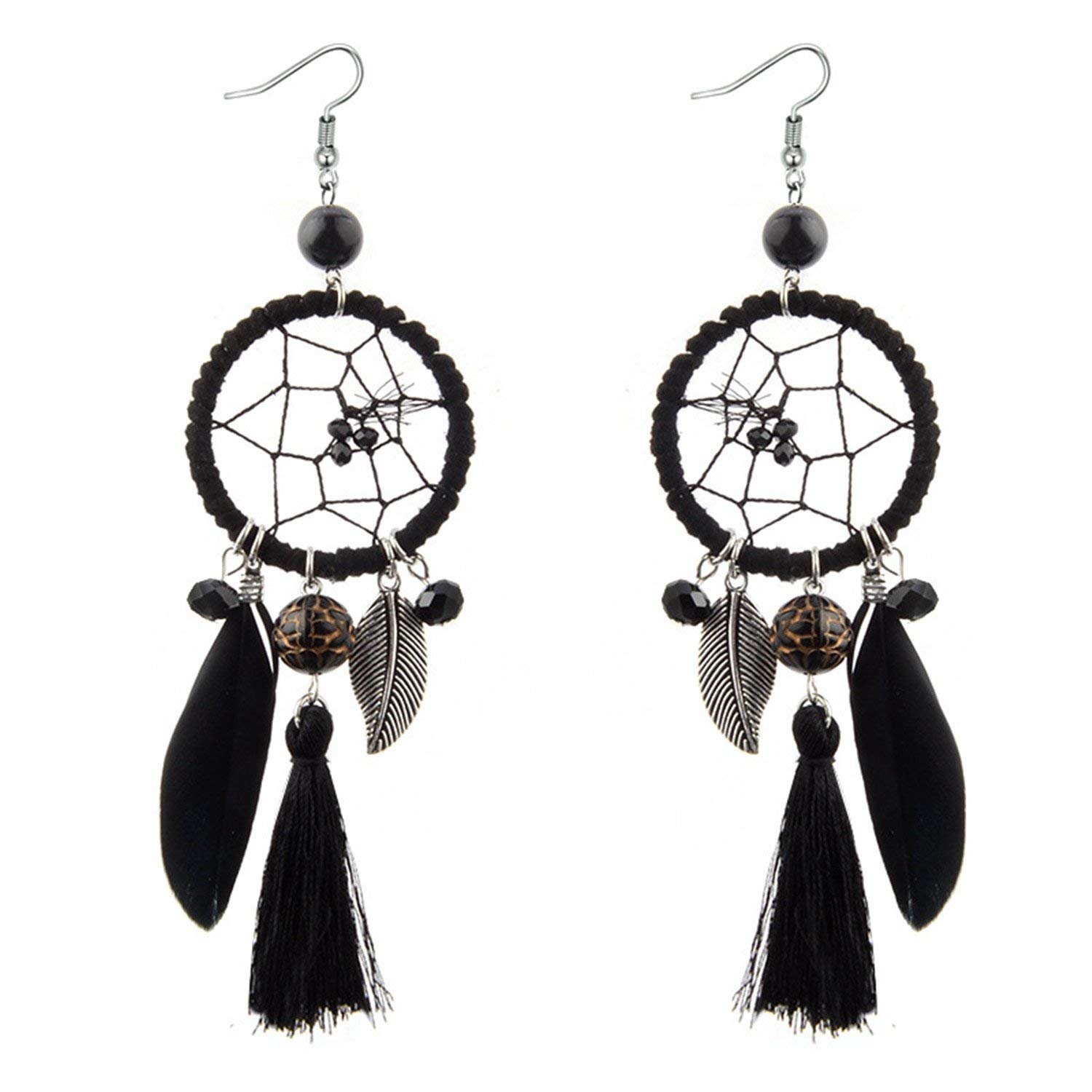 LeNG Fashion Ethnic Wind Wedding Jewelry Bohemian Crystal Beads Leaf Dream Catcher Cotton Tassel Earrings For Women,black