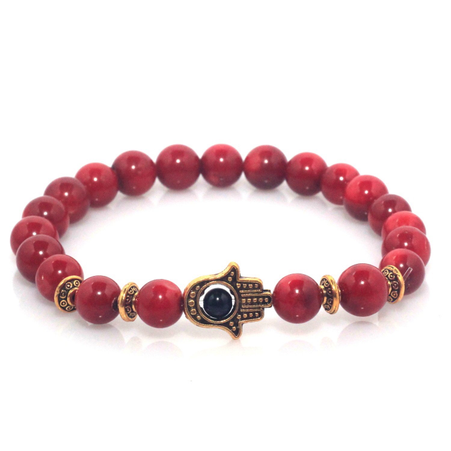 Maya Bracelets Hand of Hamsa Charm Marble Stone Bracelet (Red Coral Gold)