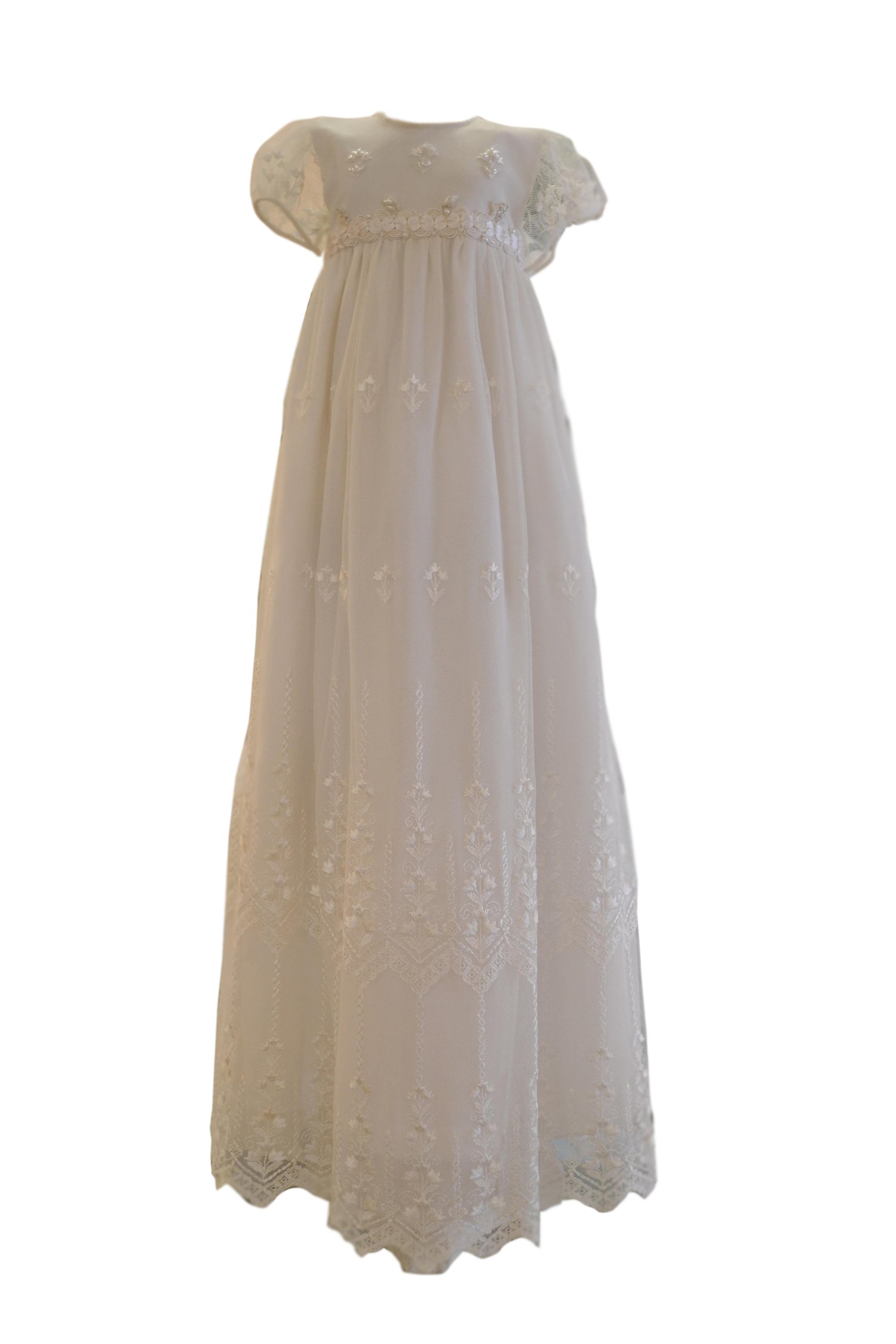 New Deve Newdeve Baby's White Tulle Cotton Inner Embroidery Floral Beading Long Christening Baptism Gown (White, Preemie)