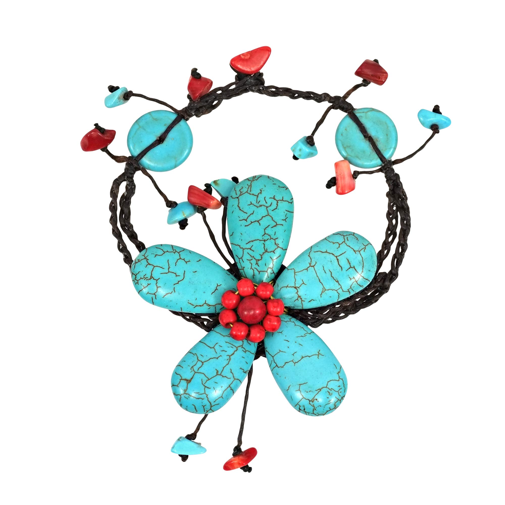 AeraVida Handmade Simulated Turquoise & Reconstructed Red Coral Large Flower Organic Bracelet