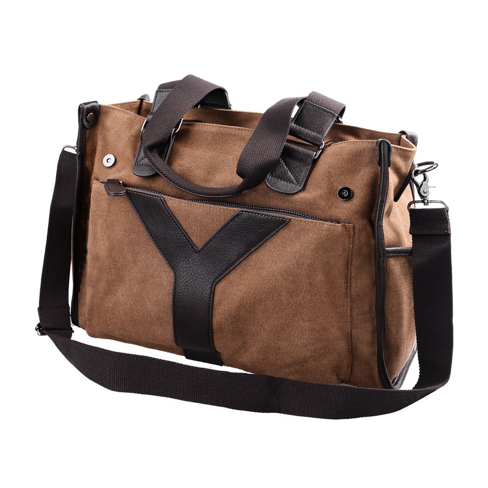 Douguyan 15.6'' Inch Laptop Bag Canvas Leather Messenger Bag Vertical Briefcase Tote Shoulder Bag Brown 205