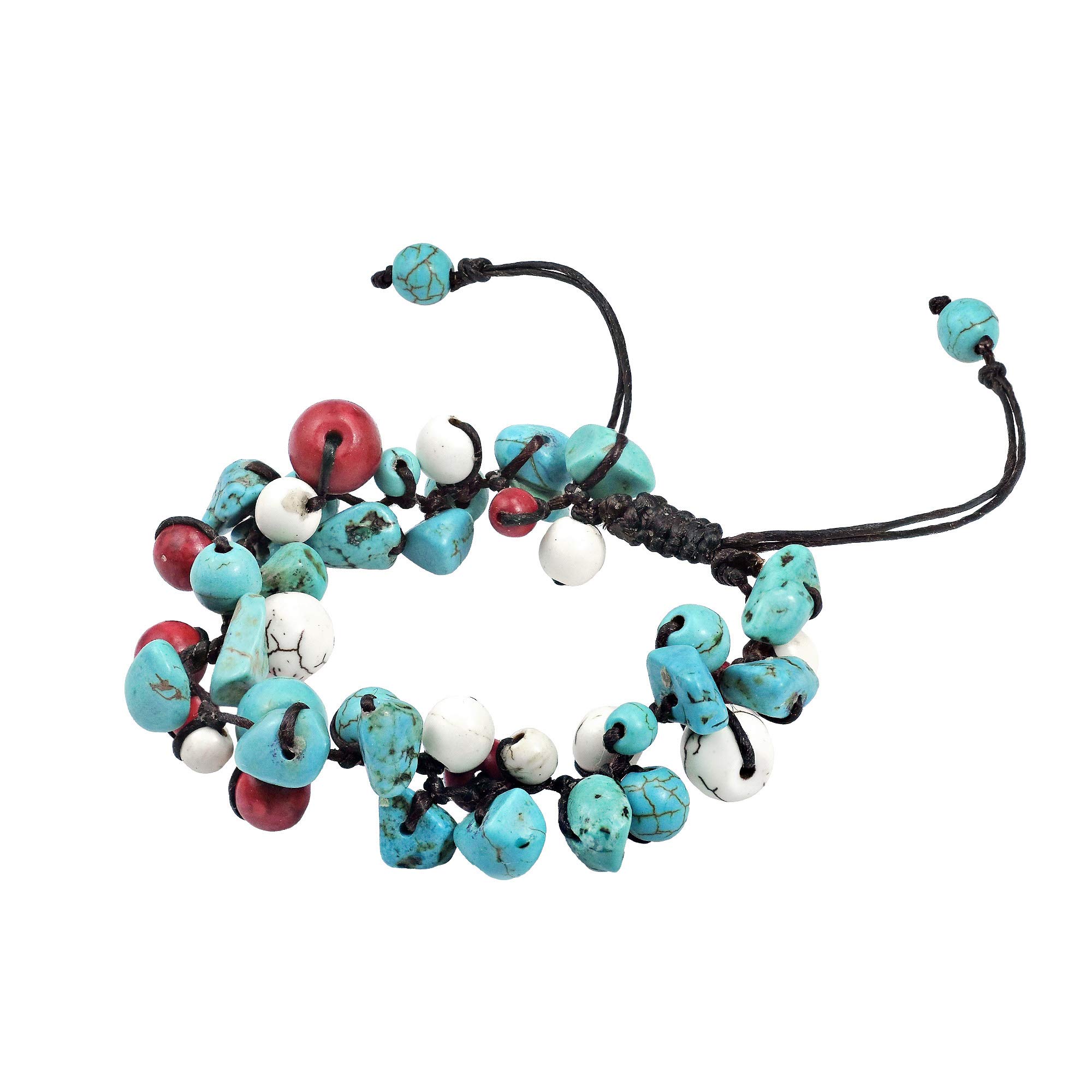 AeraVida Infinite Clusters Simulated Turquoise & Reconstructed Red Coral & Reconstructed White Howlite Adjustable Wrist Pull Bracelet