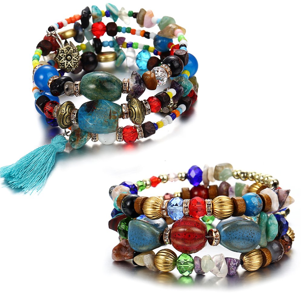 ISAACSONG.DESIGN Bohemian Multilayer Healing Stone Crystal Beads Charm Tribal Wrap Bangle Bracelet for Women (2 Pcs Colorful Beaded)