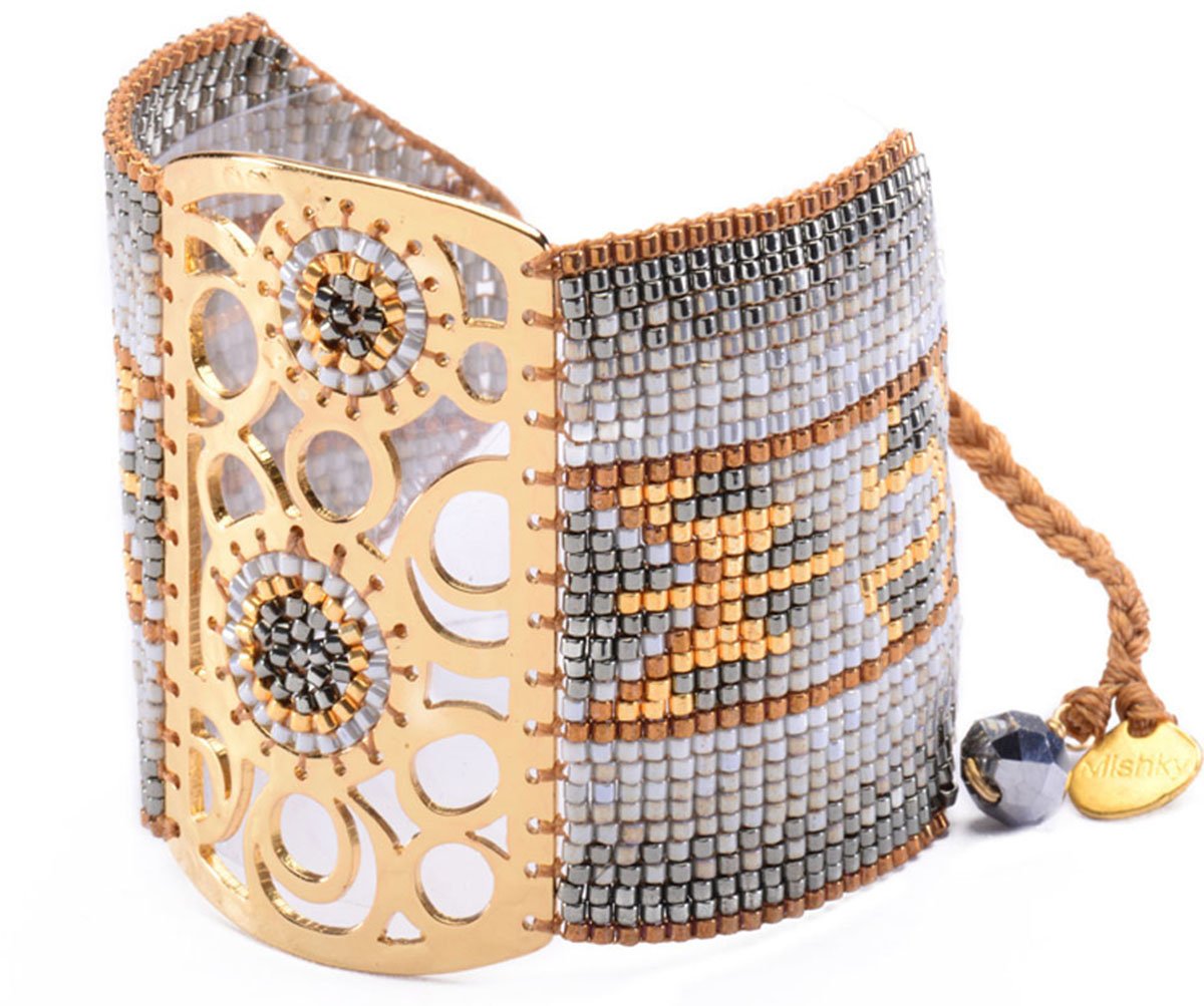 Mishky Dream Catcher, large pull-tie beaded bracelet, hand made in with Japanese glass beads. Gold Plated Zamak, Polyester Thread.