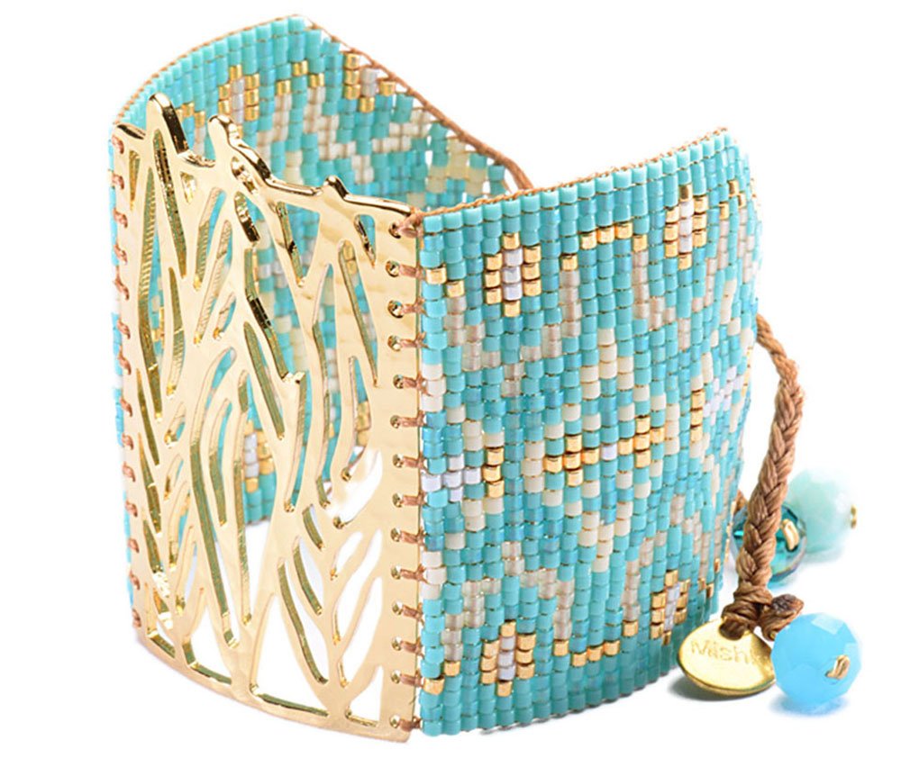 Mishky Leaves, large pull-tie beaded bracelet, hand made in with Japanese glass beads. Gold Plated Zamak, Polyester Thread.