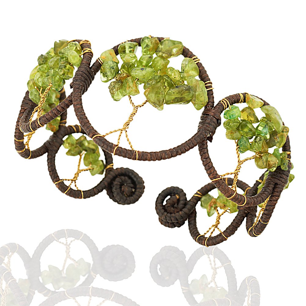 Handmade Cotton Wax and Brass Eternal Tree of Life Bead Branch Green Peridot Gemstone Cuff Bracelet