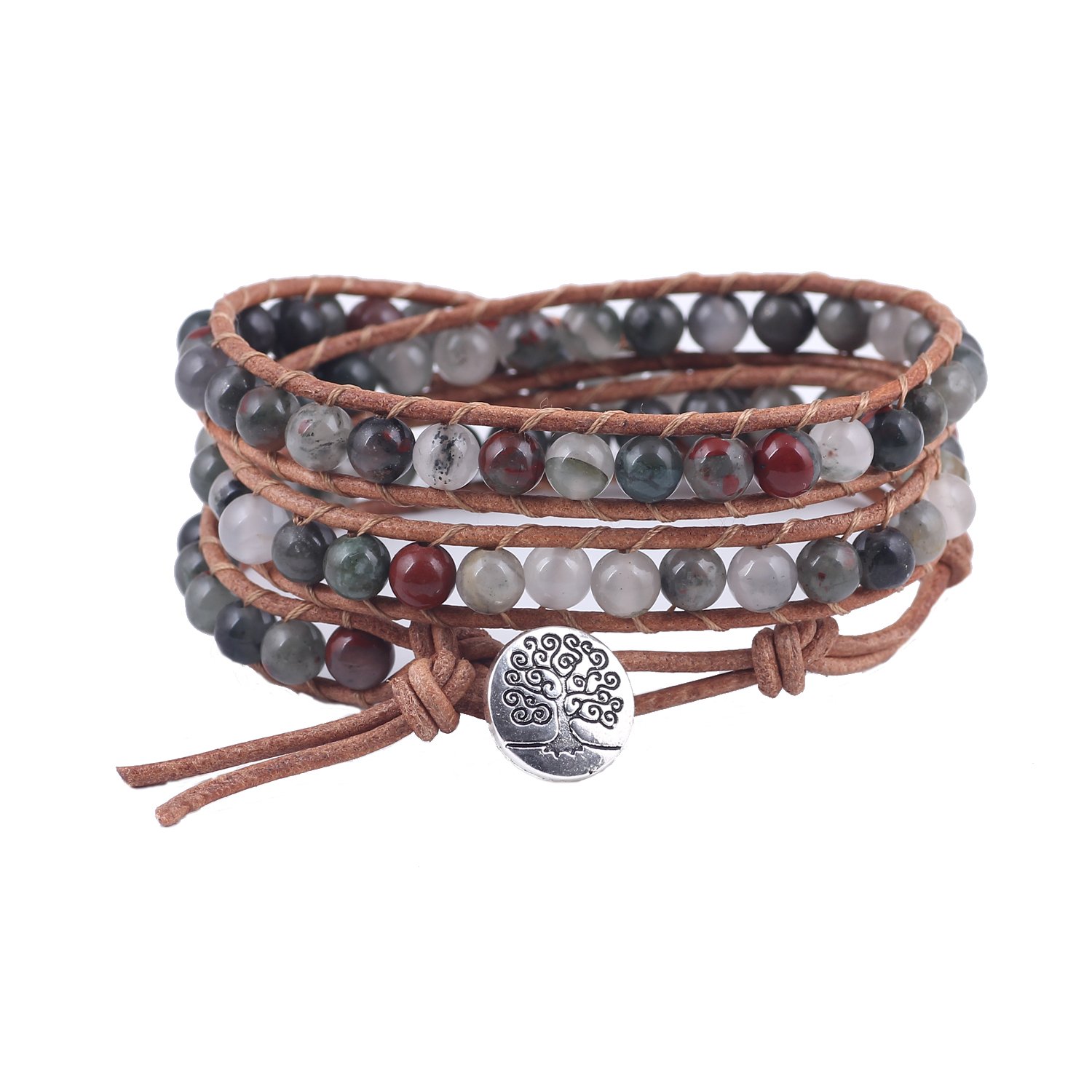 Bonnie Cotton/Twine Braided Bracelet Tree of Life Metal Button Beaded Wrap (Dragon Blood Beads)