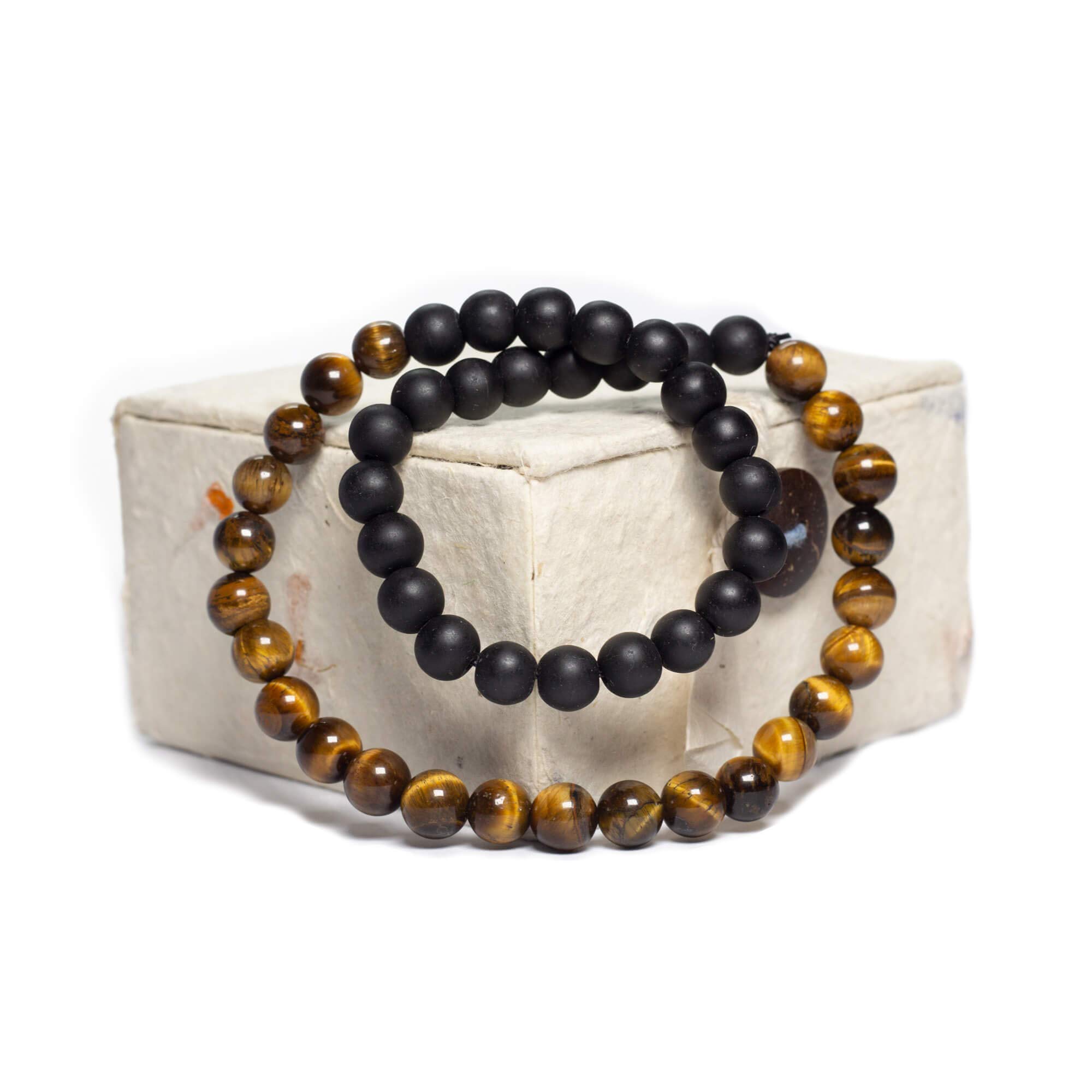 Handmade Beaded Double Wrap Bracelet (Tigers Eye & Black Onyx)- 8mm Comes With Detachable Charms, Cotton Bag & Gift Box - Meditation/Spiritual/Yoga Gift Set- Chakra Healing, Reiki, Health & Wellness