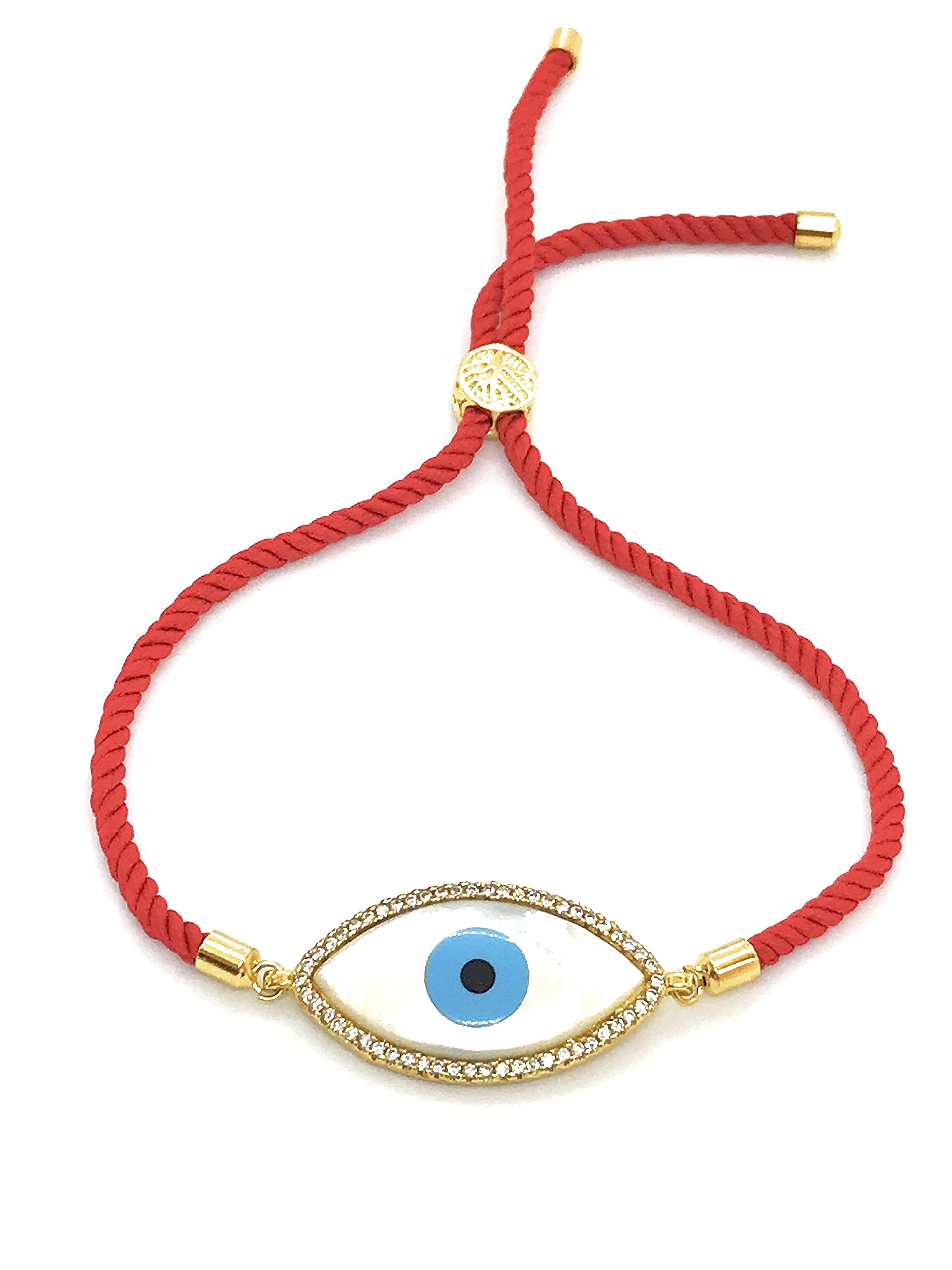 LESLIE BOULES Evil Eye Adjustable Size Bracelet Red Satin Cotton Cord