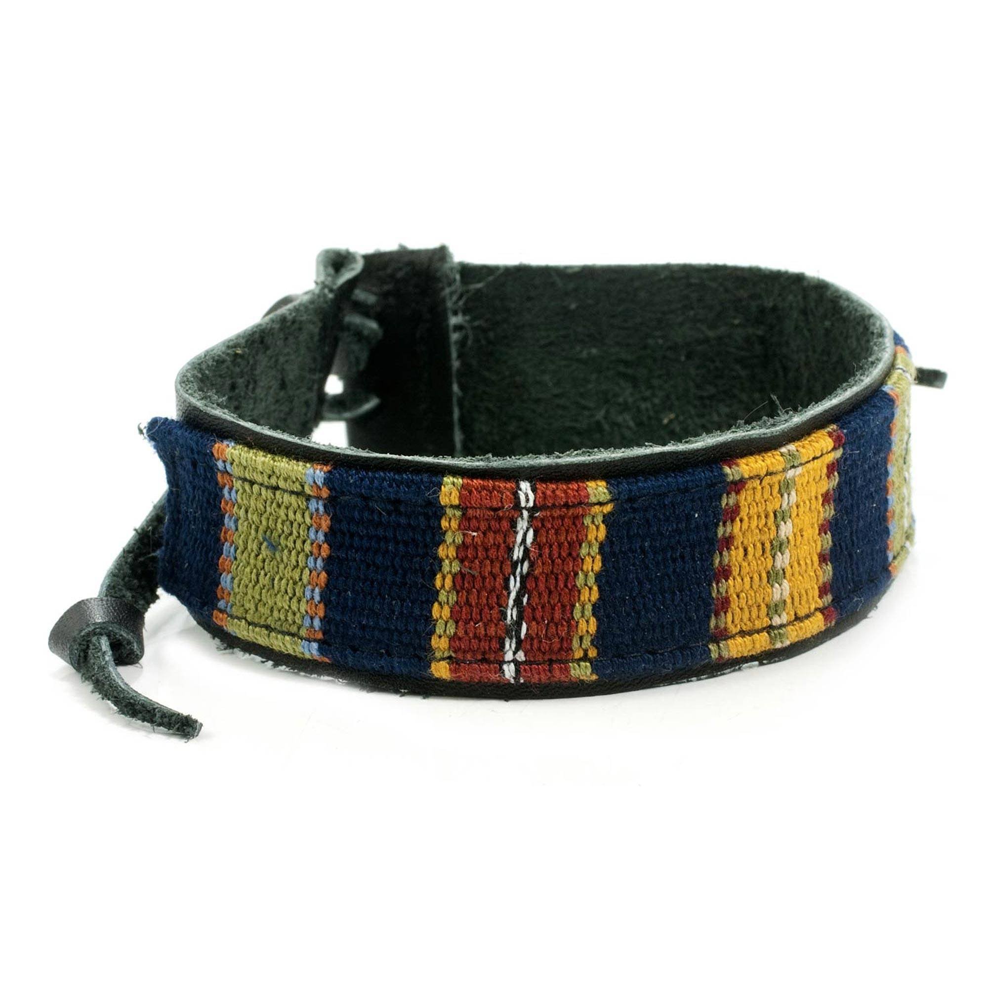 NOVICA Men's Black Leather and Multicolored Cotton Wristband Bracelet, Land of the Maya', 8.5''