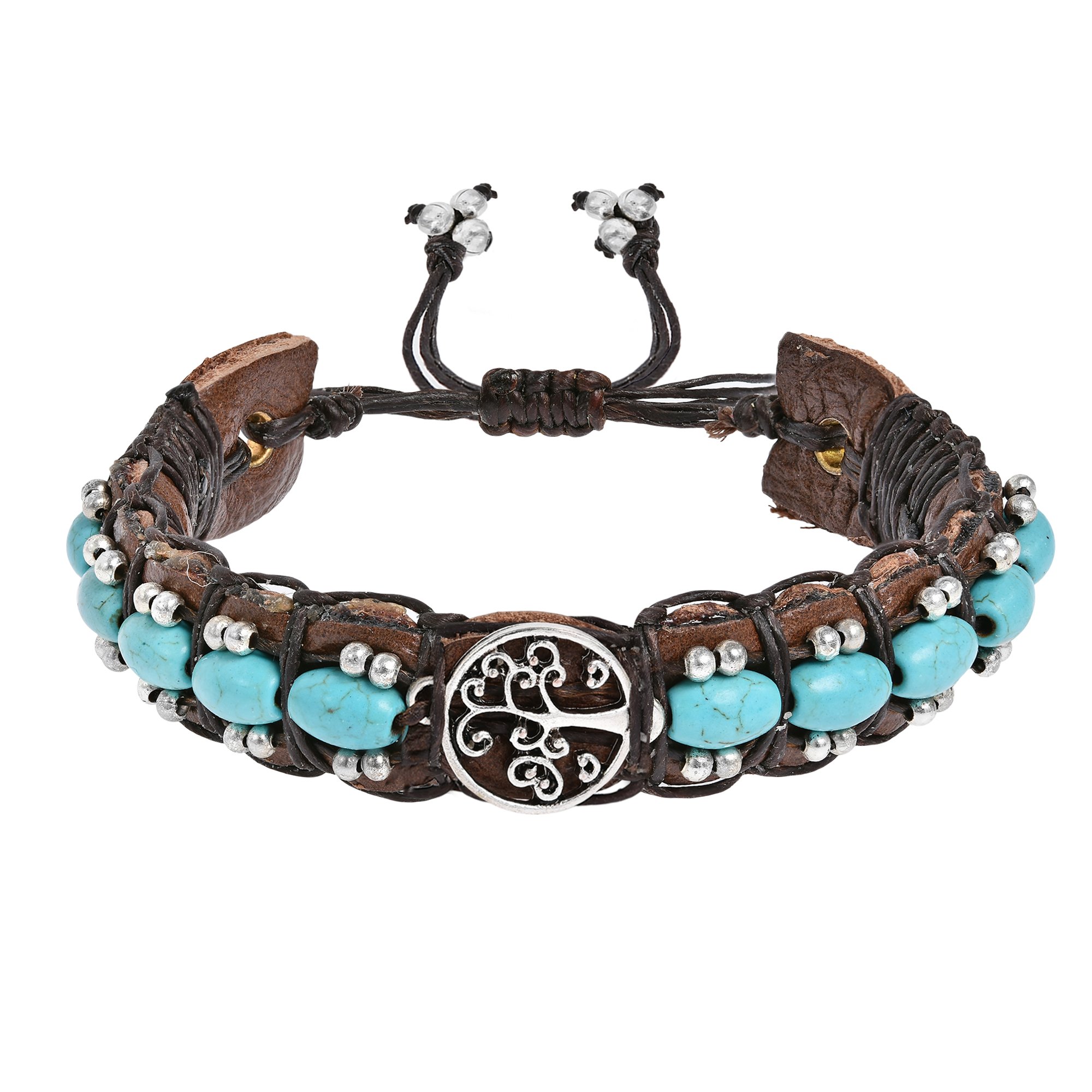 AeraVida Tree of Life Simulated Turquoise Rolls Leather Adjustable Wrist Pull Bracelet