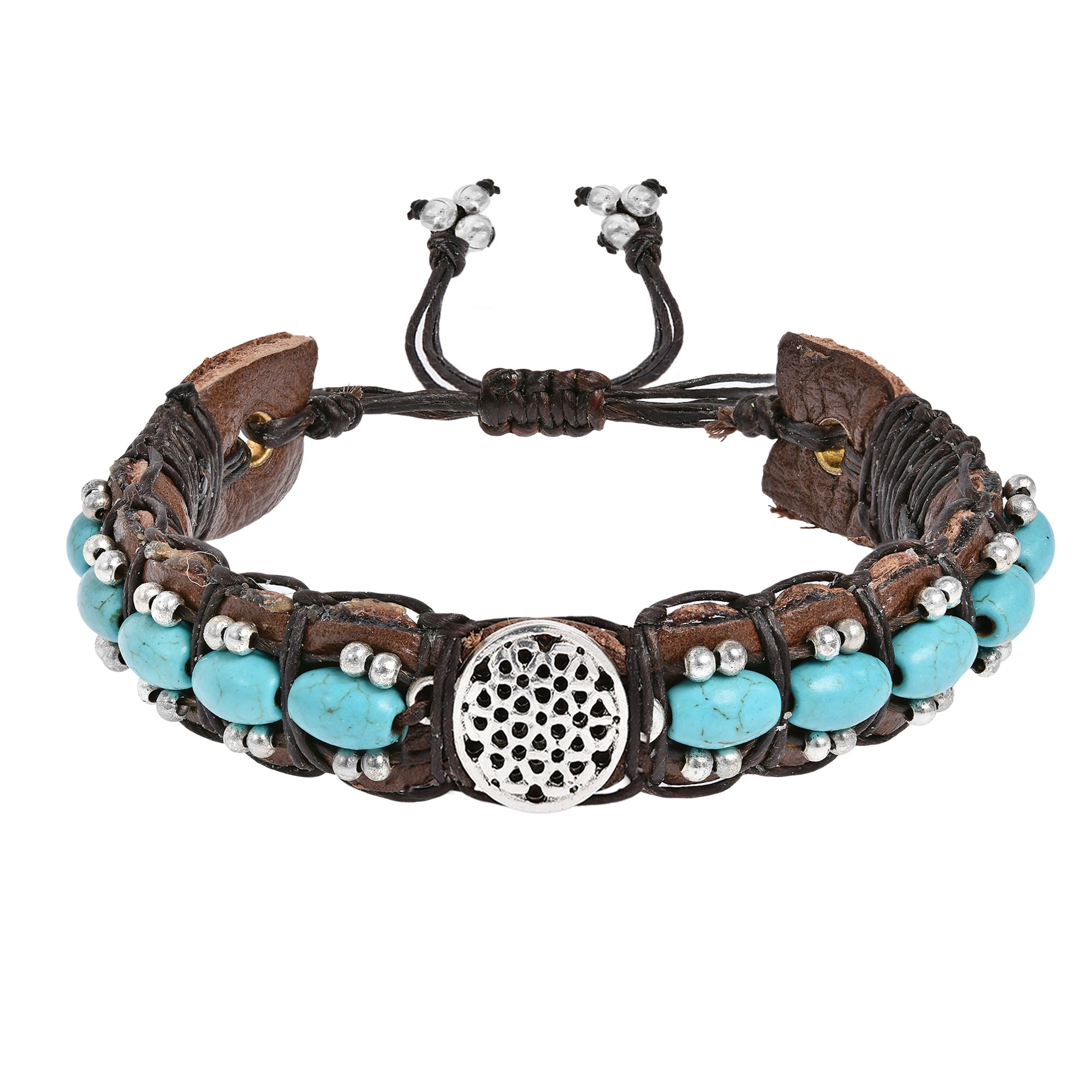 AeraVida Inspirational Flower of Life Simulated Turquoise Rolls Leather Adjustable Wrist Pull Bracelet